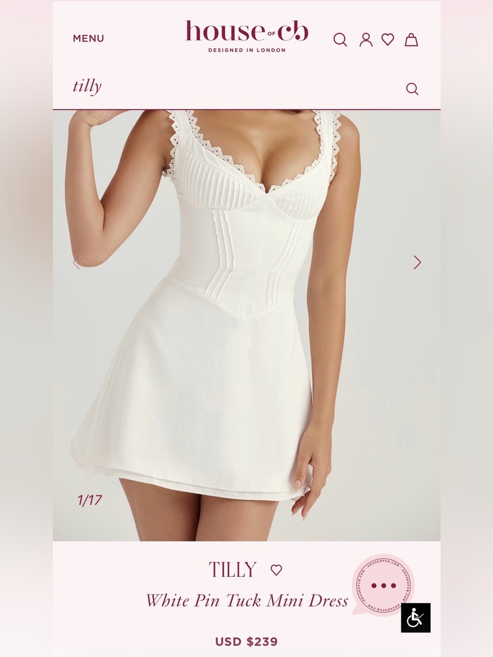 House of CB TILLY White Pin Tuck Mini Dress L $239